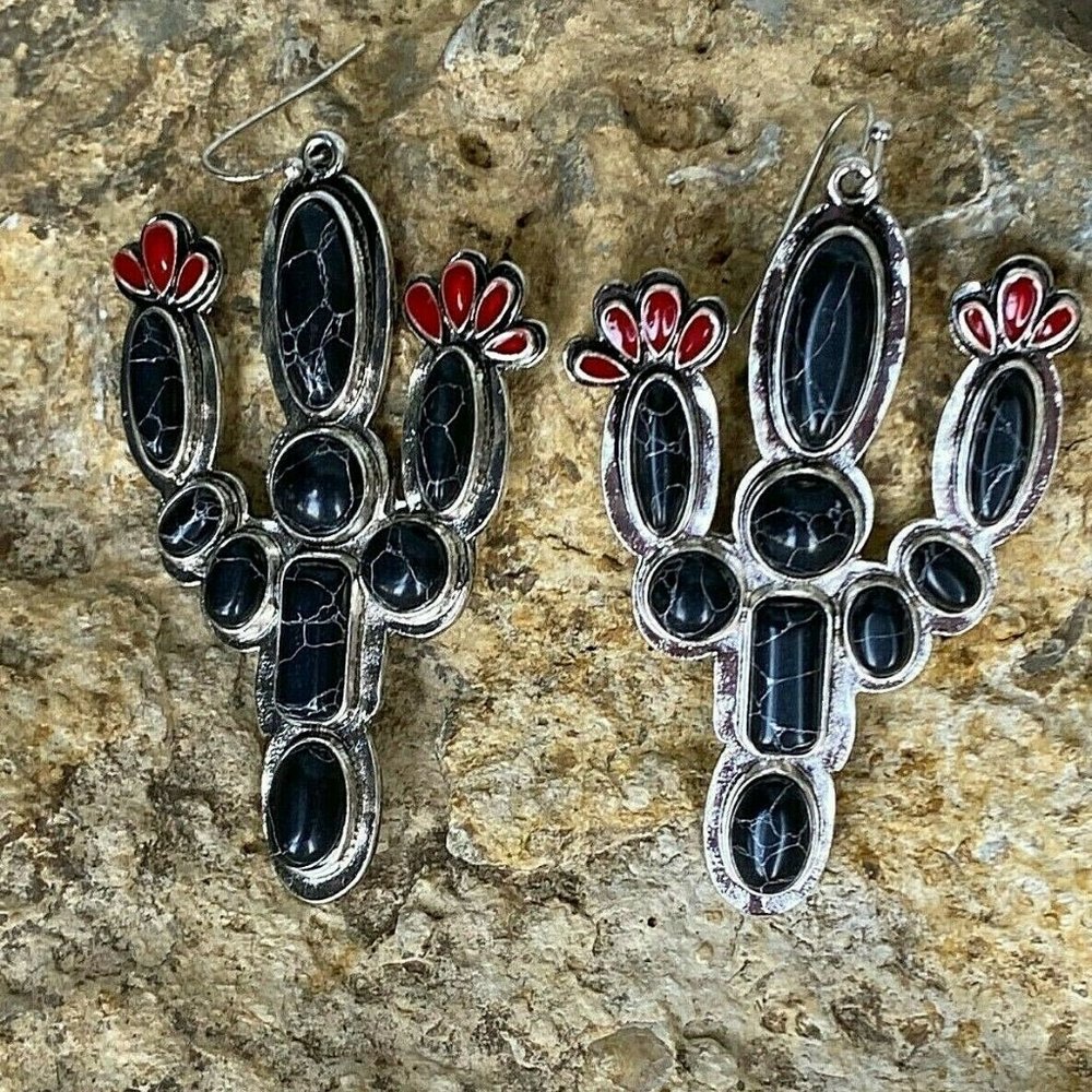 Black Saguaro Cactus Black Turquoise Red Earrings - Picture 2 of 9